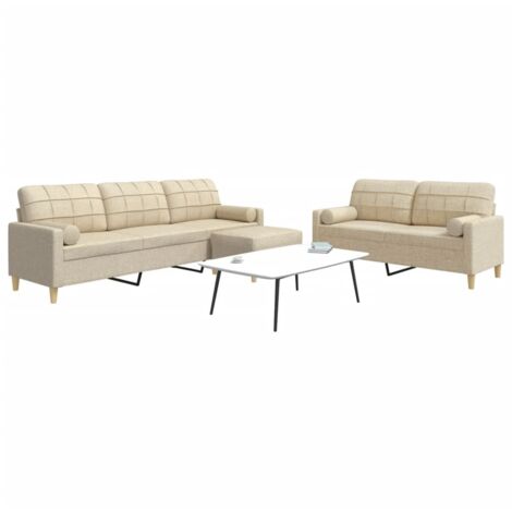 3-tlg. Sofagarnitur mit Fußhocker & Dekokissen Creme Stoff vidaXL