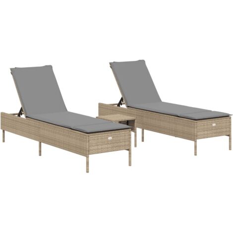 3-tlg. Sonnenliegen-Set mit Auflage Beige Poly Rattan vidaXL