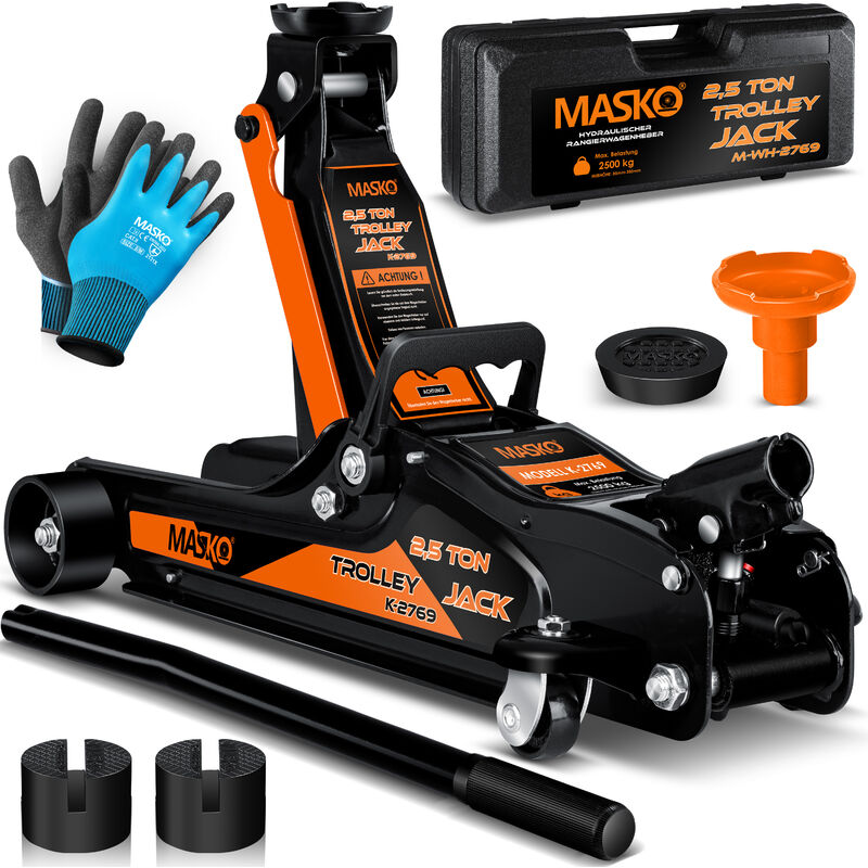 Image of Masko - Martinetto idraulico altezza sollevamento piatto + 2x tampone in gomma + guanti Martinetto di manovra per auto Martinetto idraulico a rulli