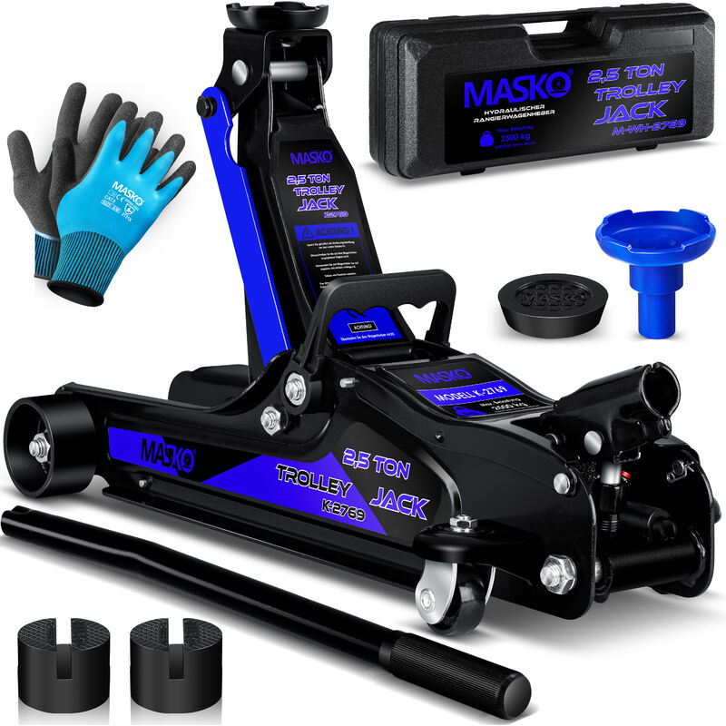 Image of MASKO® Martinetto idraulico per auto altezza di sollevamento piatto + 2x cuscinetto di gomma + guanti Martinetto idraulico per auto manovrabile a