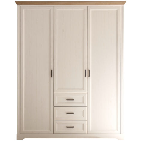 3-trg Kleiderschrank, 3 Schubkästen, Landhausstil, Pine weiß mit Eiche JASPER-78