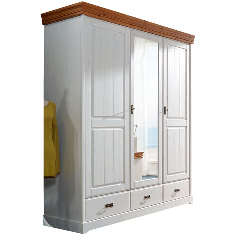 3-türiger Kleiderschrank SAVONA-69 in Kiefer massiv weiß mit honig, B/H/T: ca. 192/217/62 cm