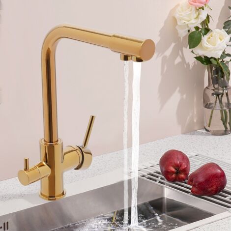 3 types d'accessoires pour robinets d'eau potable : robinet pour lavabo, robinet pour évier de cuisine, filtre à eau, couleur dorée.