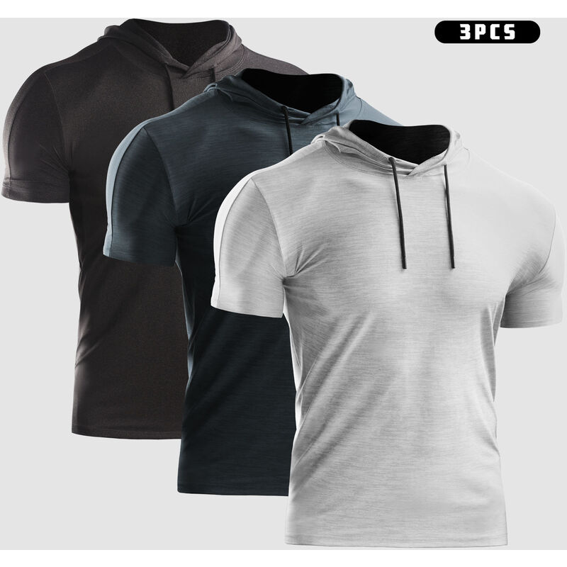 

3 uds., Camiseta deportiva de verano para hombre, Color solido, con capucha, manga corta, cordon, secado rapido, transpirable, correr, gimnasio, ropa