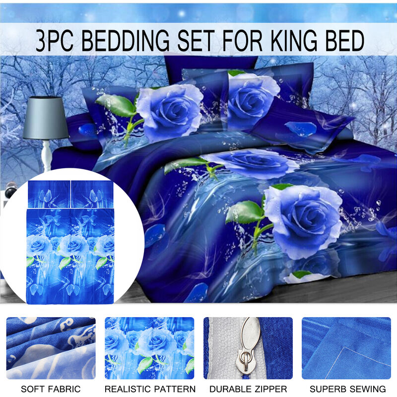 

3 Unids / set 3D Blue Rose Impreso Funda de Almohada Funda Nórdica King Size 220x240cm (sin almohadas ni edredones)