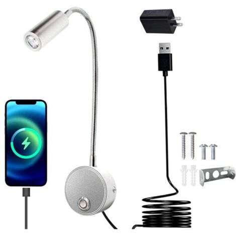 3-W-LED-Wandleuchte fürs Bett mit dimmbarem Touch-Schalter und USB-Ladeanschluss, 360° schwenkbare Leselampe mit Stecker und Kabel fürs Schlafzimmer, 3000–6000 K, Silber [Energieklasse B]
