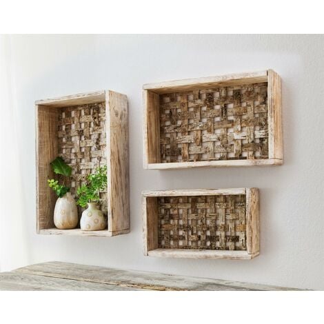 3 Wandregale Birkengeflecht aus Holz, Dekoregal, Cube