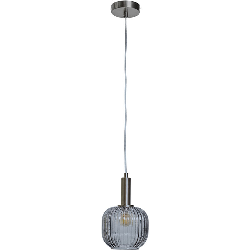 Brushed Chrome Hanging Ceiling Light Fitting with Ribbed Smoked Glass Shade