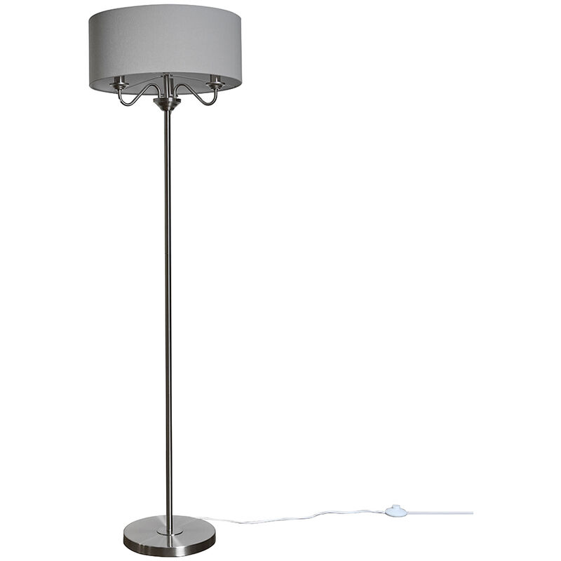 3 Way Chrome Floor Lamp Grey Linen Shade - Add LED Bulb