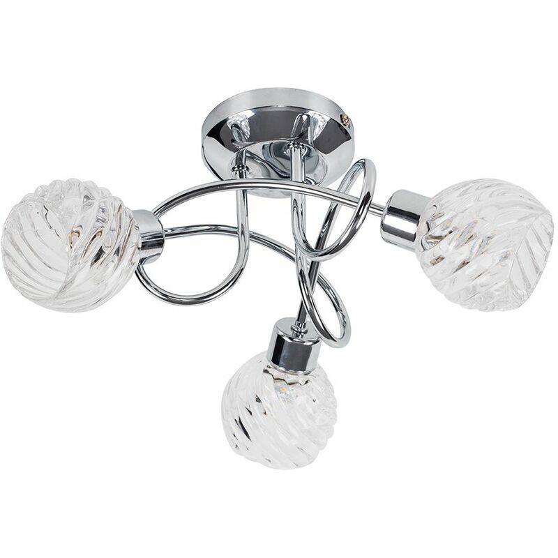 3 Way Flush Chrome Ceiling Light with Swirled Glass Shades + LED Bulbs - Warm white
