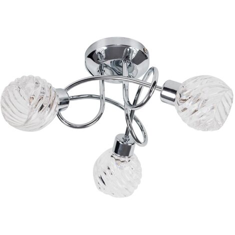 3 Way Flush Ceiling Light with Swirled Glass Shades + LED Bulbs