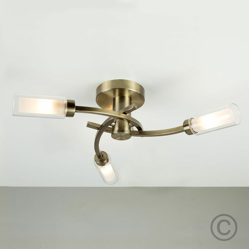 3 Way Spiral Flush Antique Brass Ceiling Light Fitting Clear Frosted Glass Shades