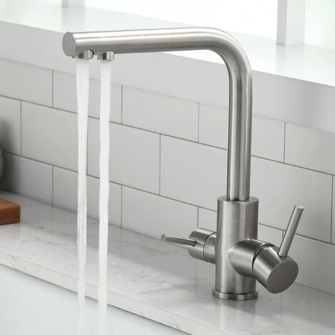 3-Wege-Küchenarmatur – 360° drehbar – 3-in-1-Wasserfilter-Mischbatterie – Trinkwasserhahn mit 2 Hebeln – 3-Wege-Wasserhahn