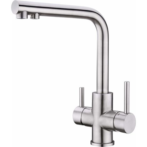 3-Wege-Küchenarmatur, 360 drehbarer Küchenarmatur, 3-in-1-Wasserfiltermischer, Edelstahl-Waschtischarmatur, Trinkwasserhahn mit 2 Hebeln