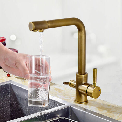 ONYZPILY 3-Wege-Küchenarmatur,Trinkwasserarmatur mit Doppelhebel,Küchenspültischarmatur mit Osmose-Durchgang 3-in-1,mit 2 Ausgängen,Antik Vintage