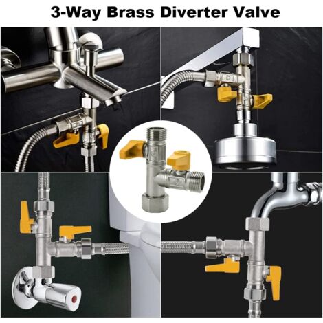 3-Wege-Ventil, T-Anschluss, 3-Wege-WC-Wasserhahn, G 1/2 Handbrause, 3-Wege-Brause-Umstellventil, Messing-Duschventil mit 3 Gummi-Unterlegscheiben für Badezimmer, Küche