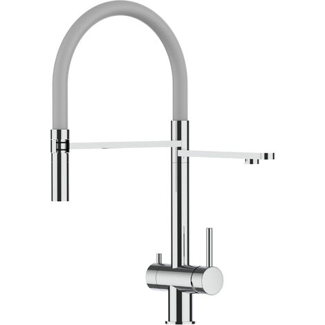 3 Wege Wasserhahn Edelstahl Massiv Kuechenarmatur mit Grau 360 schwenkbarem Auslauf und abnehmbare 2 strahl Handbrause - Edelstahl Hochglanz