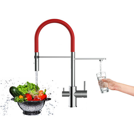 3 Wege Wasserhahn Kueche Spueltischarmatur Verchromt Kuechenarmatur mit Rot 360 schwenkbarem Auslauf und abnehmbare 2 strahl Handbrause