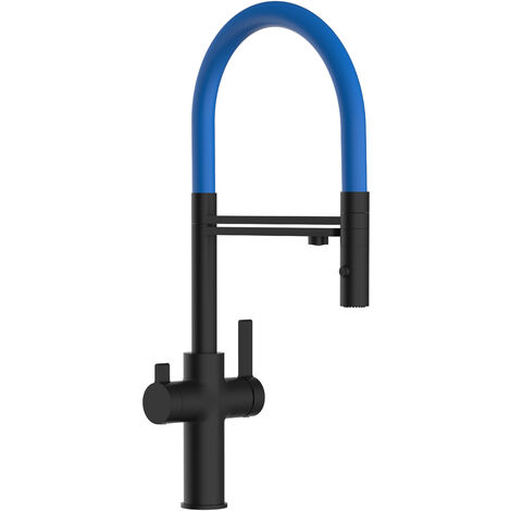 3 Wege Wasserhahn Küchenarmatur Spültischmischer, Schwarz Matt mit 360° schwenkbarem Auslauf, abnehmbare 2 strahl Handbrause, Flex-Schlauch oben in Blau - VZFC Linie