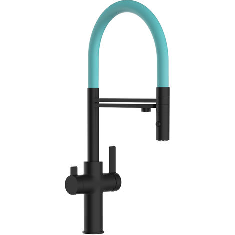 3 Wege Wasserhahn Küchenarmatur Spültischmischer, Schwarz Matt mit 360° schwenkbarem Auslauf, abnehmbare 2 strahl Handbrause, Flex-Schlauch oben in Tiffany - VZFC Linie