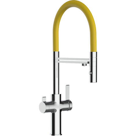 3 Wege Wasserhahn Küchenarmatur Spültischmischer, Verchromt mit 360° schwenkbarem Auslauf, abnehmbare 2 strahl Handbrause, Flex-Schlauch oben in Gelb - VZFC Linie