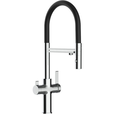 3 Wege Wasserhahn Küchenarmatur Spültischmischer, Verchromt mit 360° schwenkbarem Auslauf, abnehmbare 2 strahl Handbrause, Flex-Schlauch oben in Schwarz - VZFC Linie