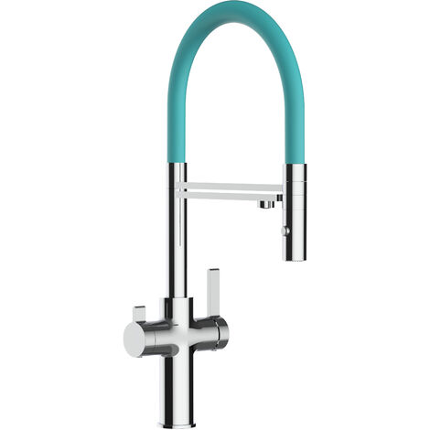 3 Wege Wasserhahn Küchenarmatur Spültischmischer, Verchromt mit 360° schwenkbarem Auslauf, abnehmbare 2 strahl Handbrause, Flex-Schlauch oben in Tiffany - VZFC Linie