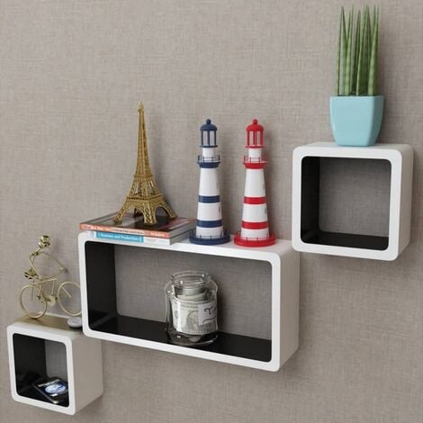 main image of "3 White-black MDF Floating Wall Display Shelf Cubes Book/DVD Storage - White"