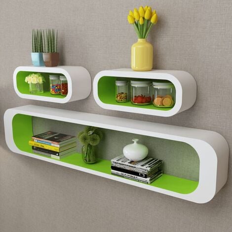 main image of "3 White-green MDF Floating Wall Display Shelf Cubes Book/DVD Storage - White"