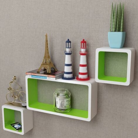 main image of "3 White-green MDF Floating Wall Display Shelf Cubes Book/DVD Storage - White"