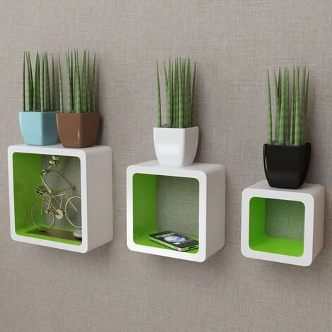 main image of "3 White-green MDF Floating Wall Display Shelf Cubes Book/DVD Storage - White"