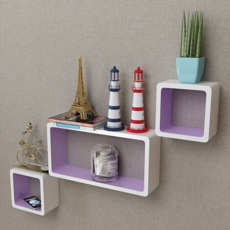 main image of "3 White-purple MDF Floating Wall Display Shelf Cubes Book/DVD Storage - White"