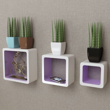 main image of "3 White-purple MDF Floating Wall Display Shelf Cubes Book/DVD Storage - White"