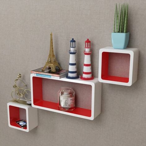 main image of "3 White-red MDF Floating Wall Display Shelf Cubes Book/DVD Storage - White"