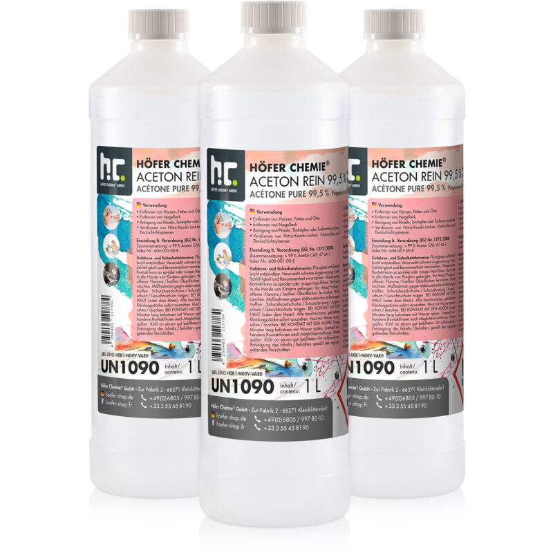 3 x 1 Litre Acétone pur 99,5%