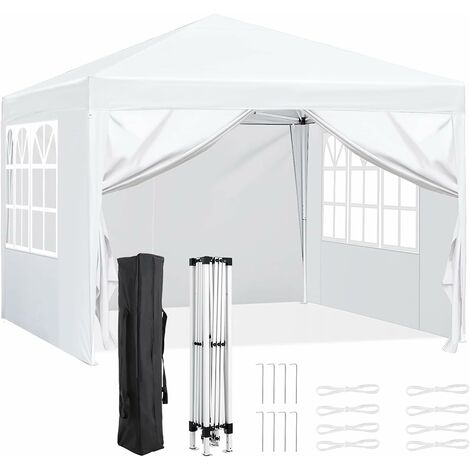3 x 3 m White Gazebo,Pop Up Waterproof Folding Gazebo, Sun Protection, PartyTent,Garden Gazebo with 4 Side Panels and Carry Bag