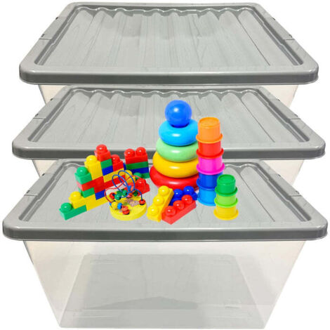 3 x 62L Stackable Clear Plastic Storage Boxes With Silver Lids