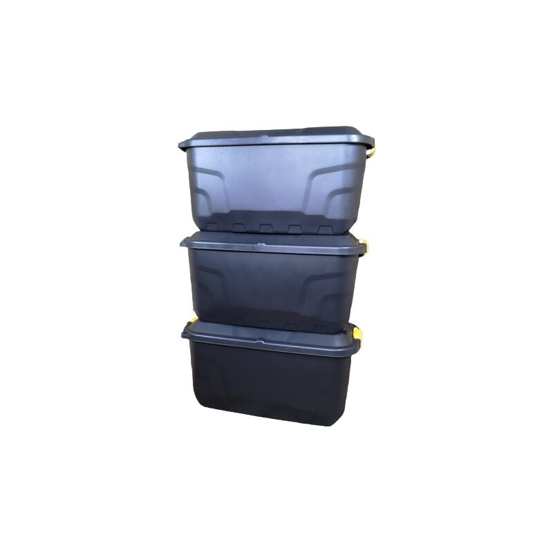 3 x 75L Heavy Duty Trunks on Wheels Sturdy, Lockable, Stackable and Nestable Design Storage Chest with Clips in Black