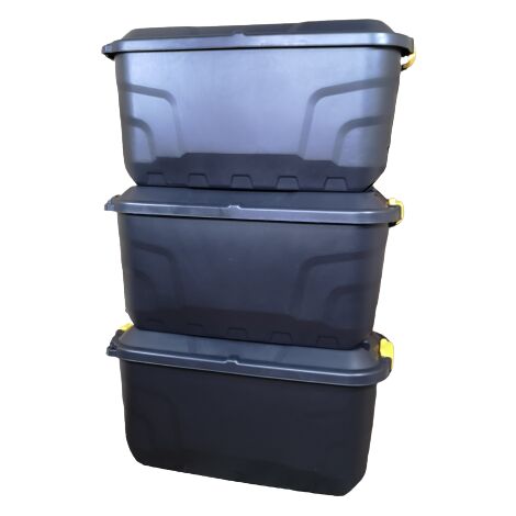 3 x 75L Heavy Duty Trunks on Wheels Sturdy, Lockable, Stackable and Nestable Design Storage Chest with Clips in Black