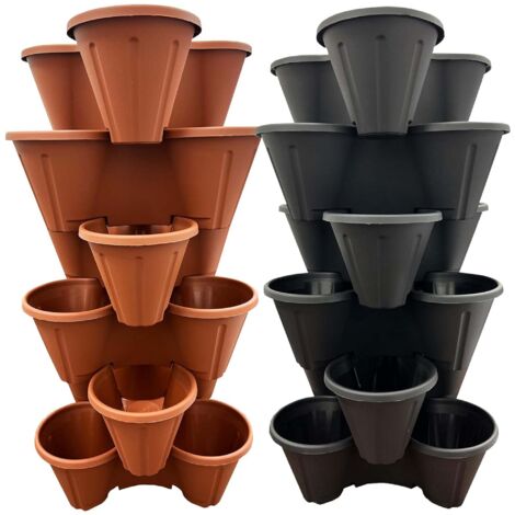 3 x Black Strawberry Tri-Pot Stacking Planters For Flowers & Plants