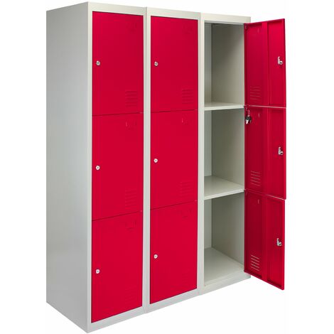 3 x Casiers Rangement Acier à Trois Portes Rouge et Gris 180 x 38 x 45cm [Clés & Etiquettes INCLUSES] Vestiaire Gym, Salle de Sport, Ecole, Staffroom, Ranger vos effets personnels en toute sécurite