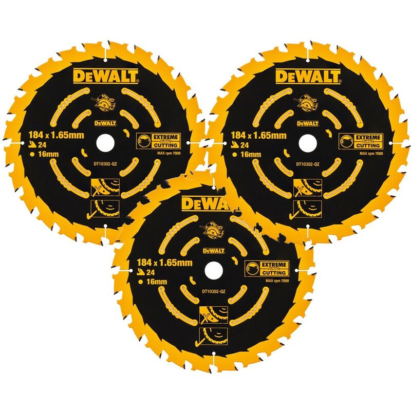 3 x Dewalt DT10302 Circular Saw Blades 184 x 16 x 24T Extreme Framing DWE560