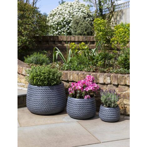 3 x Garden Trading Bramdean Round Planters Grey Flower Pots Fibre Clay