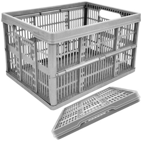 3 x Grey 32L Plastic Folding Veg Crate Boxes With Handles Collapsible, Foldable & Stackable