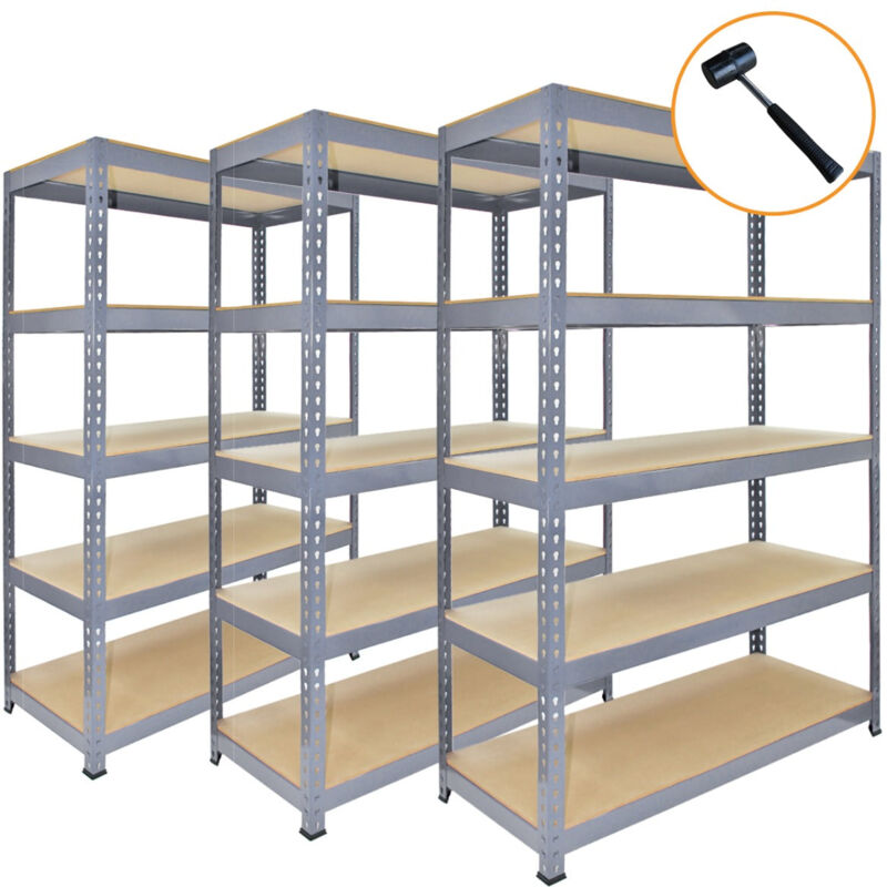 Monster Shop - 3 x Grey Racking Bay Unit 5 Tier Heavy Duty Steel Metal 200kg