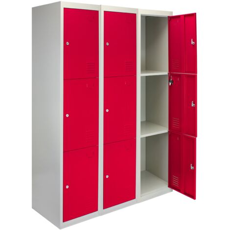 3 x Metal Storage Lockers - Three Doors, Red - Flatpack