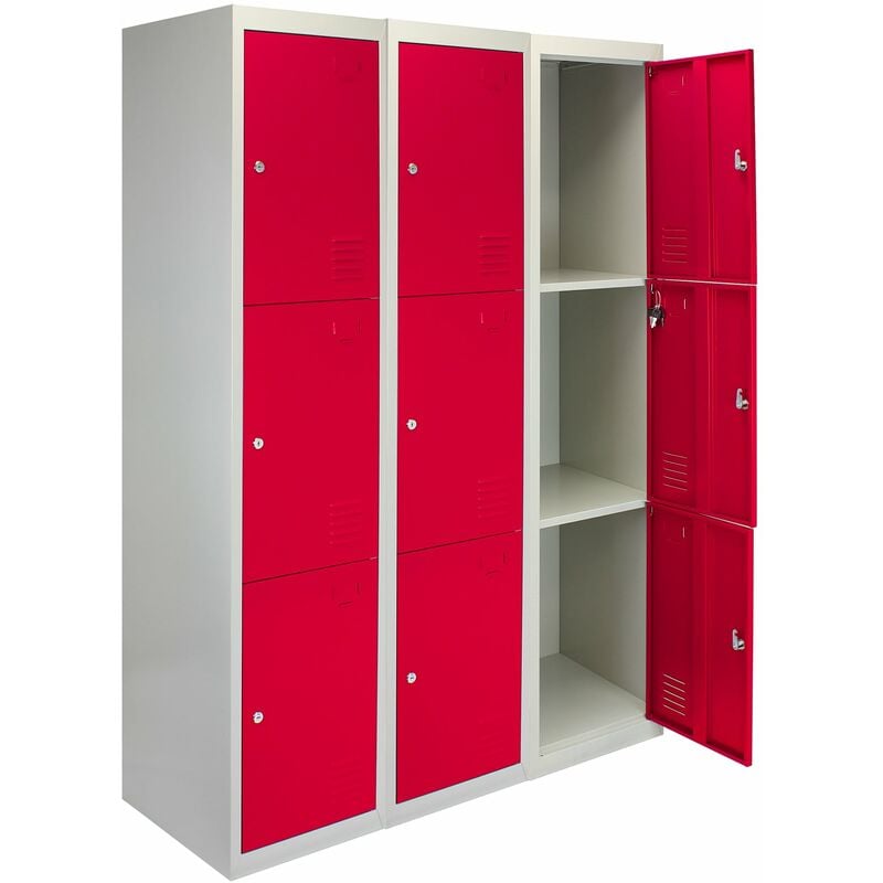 3 x Casiers Rangement Acier à Trois Portes Rouge et Gris 180 x 38 x 45cm [Clés & Etiquettes incluses] Vestiaire Gym, Salle de Sport, Ecole,