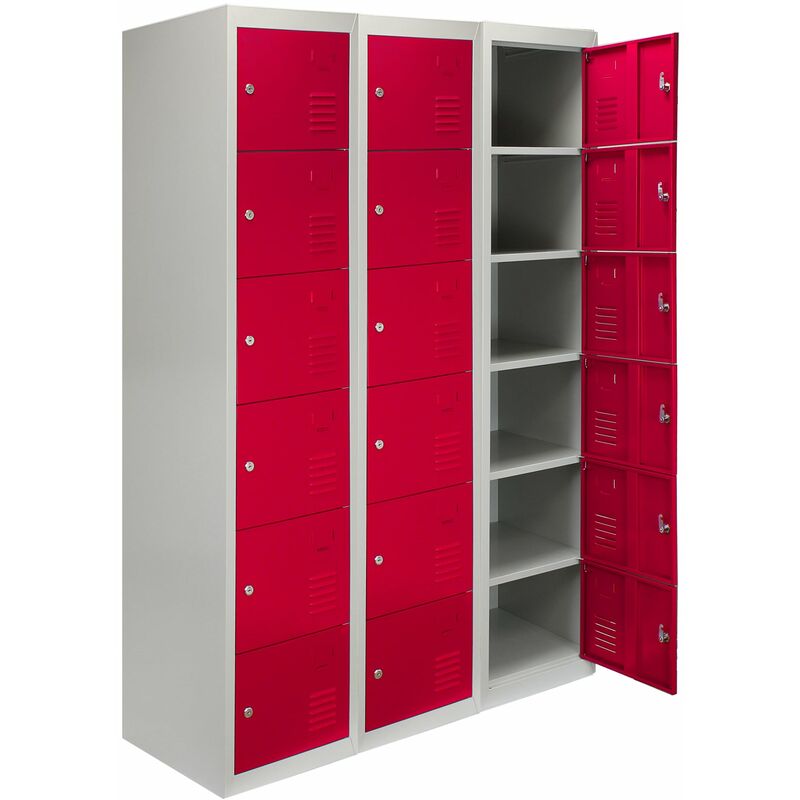 3 x MonsterShop Métal casiers 6 portes de stockage, Flatpack Rouge et gris en métal verrouillable unité Personnel d'école Gym Changement - Rouge