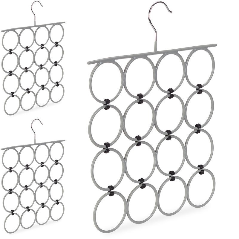 

3 x Percha Accesorios, Organizador Pañuelos con 16 Anillos, Set 3 Unidades, Hierro-PVC, Gris