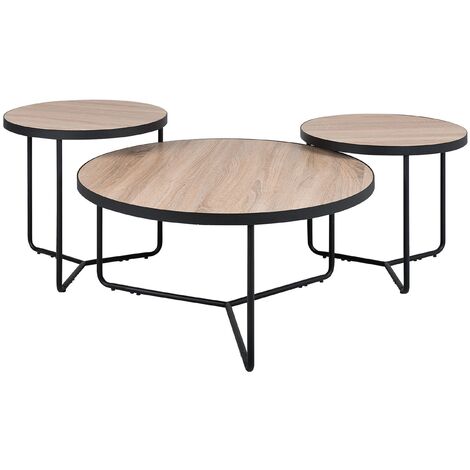 3 x Tables Basses d'Appoint Rondes Effet Bois Clair et Structure Métal Noir Tailles S / M / L pour Salon Moderne, Minimaliste ou Scandinave Beliani - Bois clair